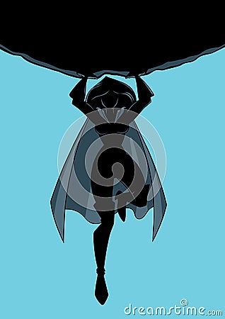 Superheroine Holding Boulder Silhouette Vector Illustration