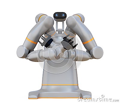 Front view of silver dual-arm robot in standby mode isolated on white background Stock Photo