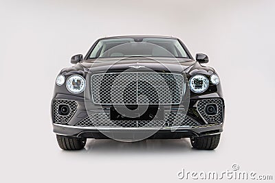 Front view of silver modern Bentley Bentayga 2022 Hybrid badge Editorial Stock Photo