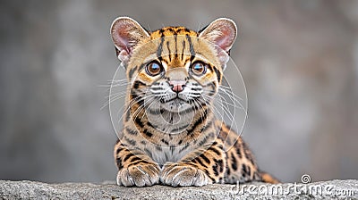 The front view of a sitting ocelot reveals its sleek fur pattern, large expressive eyes, pointed ears, and delicate whiskers Stock Photo