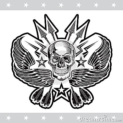 Front view skull with crossed arrows and lightning between wings. Vector heraldic design elements on white Vector Illustration