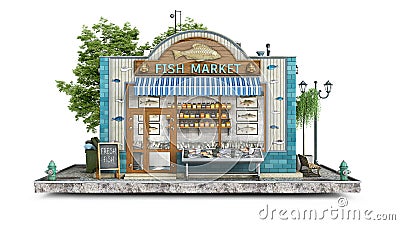 Front view on a small fish market building on a piece of ground Cartoon Illustration