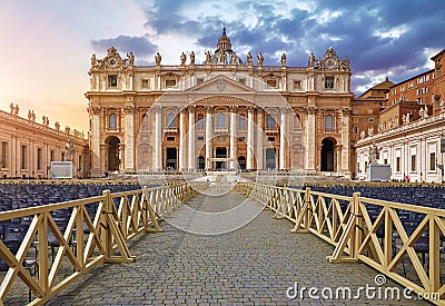 Front view St Peters Basilica. Panorama Square. Editorial Stock Photo