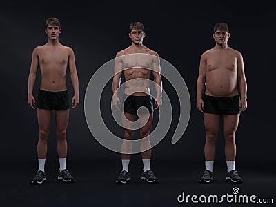 3D Rendering : Front view of standing male body type : ectomorph skinny type, mesomorph muscular type, endomorphheavy weight Stock Photo