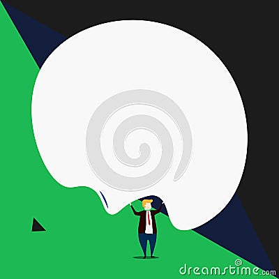 Front view standing man dressed suit tie holding two hands up big deflated balloon. Abstract geometric background Vector Illustration