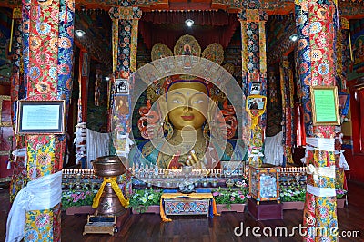 Front view of the statue of the Maitreya Buddha in Thiksey Monastery, Ladakh, India Editorial Stock Photo