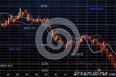 Front view of stock market crash and economy crisis concept with red falling down digital financial chart candlestick and diagram Stock Photo