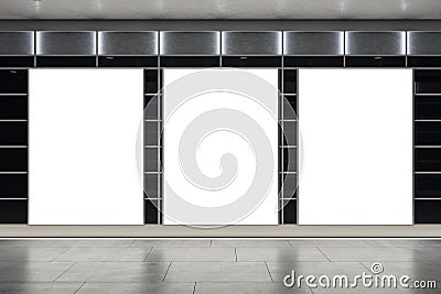 Front view on three blank white illuminated posters with place for your logo or text on abstract underground hall with dark wall Stock Photo