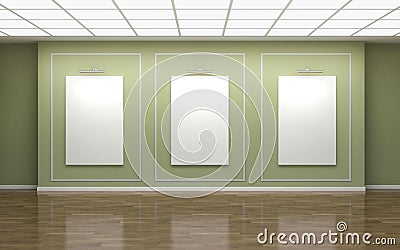 Front view of three large vertical posters on wall in a gallery Cartoon Illustration