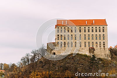 Front view to the windows of the old Plumlov castle builded in Baroque architecture style in Plumlov town, Moravia, Czech Republic Stock Photo