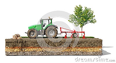Front view on a tractor with plow on the potato field, located on a piece of ground, isolated on white background, Cartoon Illustration