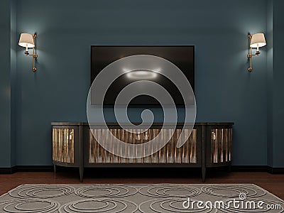 Front view of a tv unit with a golden facade with a tv set over, amid a blue wall with luminous sconces Stock Photo