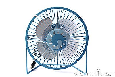The front view of a universal serial bus powered blue portable table fan Stock Photo