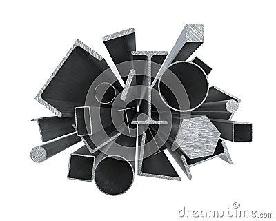 Front view on a various metal profiles, tubes and shapes. Cartoon Illustration