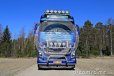 Front view of Volvo FH16 Timber Truck on Country Road Editorial Stock Photo