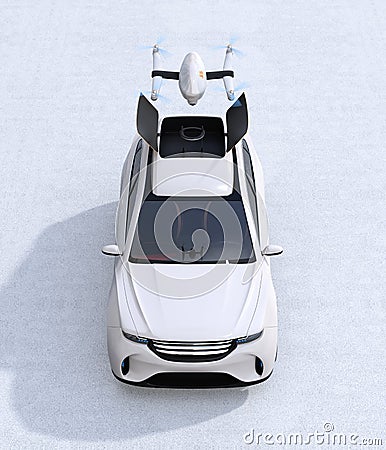 Front view of white electric SUV released drone for leisure entertainment Stock Photo