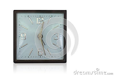Front view white and gold square alarm clock on white background, gift, old, ancient, modern, vintage, decor, copy spac Stock Photo
