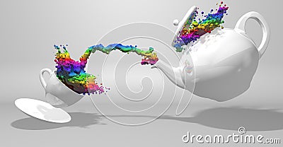 Front view of a white teapot pouring a spray of paint with the colors of the rainbow to a white cup splashing the liquid Stock Photo