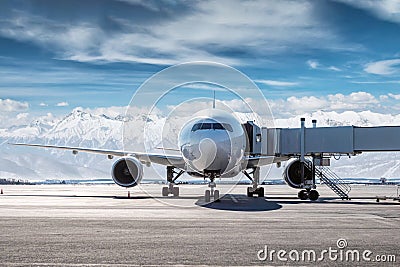 White wide body passenger aircraft at the airbridge on the background of high snow capped mountains Stock Photo