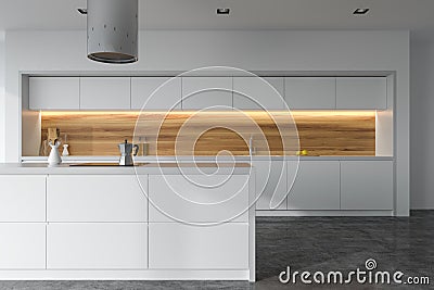 Front view of a white and wooden kitchen Stock Photo