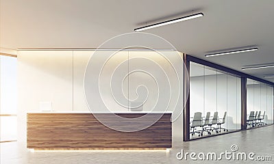 Front view of wooden sunlit reception counter Stock Photo