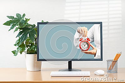 Front view of a workspace modern computer . Blank mockup screen Stock Photo