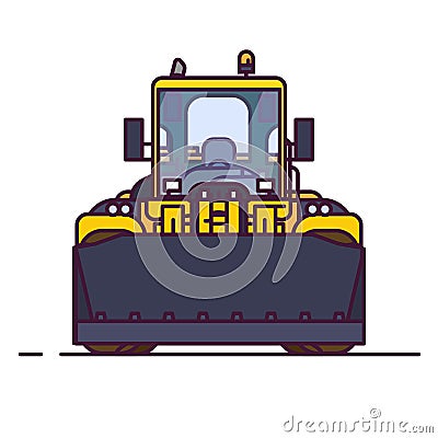 Front view of yellow bulldozer or wheel loader. Line style vector illustration. Construction vehicle and quarry machinery banner. Vector Illustration