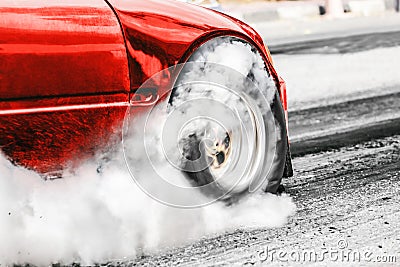 Front wheel drive drag racing car at start line Stock Photo