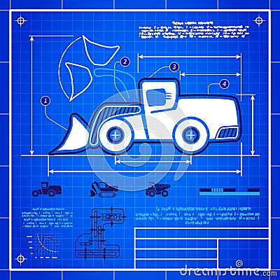 Front wheel loader icon like blueprint drawing Vector Illustration