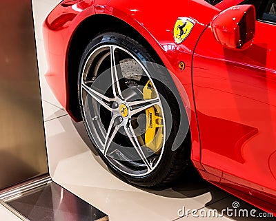 The front wheel of a modern Ferrari 458 Italia Editorial Stock Photo