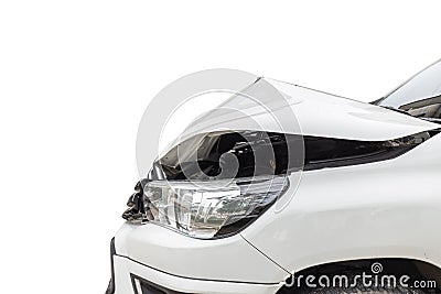 Front of white pickup car get damaged by accident on the road. I Stock Photo