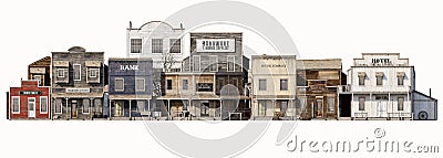 Front wide view of an old rustic antique western town with various business on an Isolated white background. Stock Photo