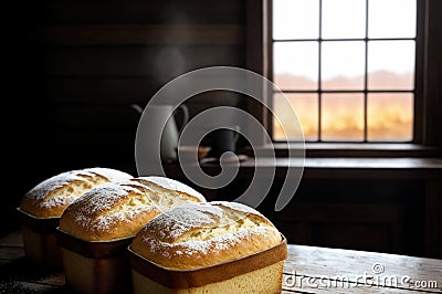 In front of a window, a table is graced by the presence of three freshly baked loaves of bread. Stock Photo