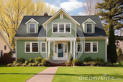 front yard of two-story colonial revival home with dormer windows Stock Photo