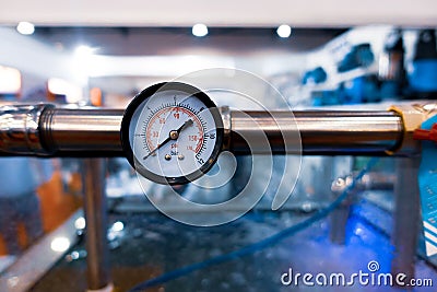 Frontal pressure gauges with rear connection for measuring the pressure of liquid and gaseous substances Stock Photo