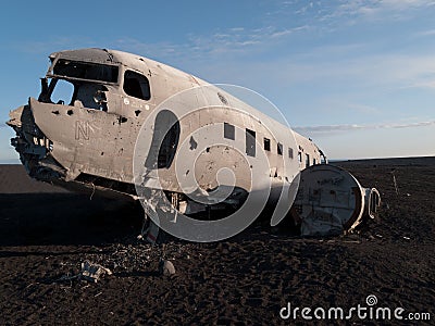 Frontal view of a wreckage of crashed airplane in Iceland at Solheimsandur beach Stock Photo