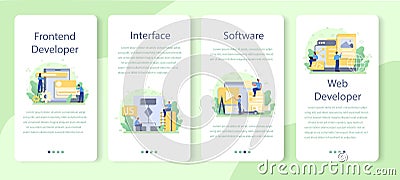 Frontend developer mobile application banner set. Website interface Vector Illustration