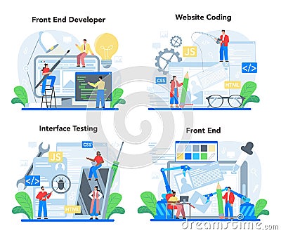 Frontend development concept set. Website interface design improvement. Vector Illustration