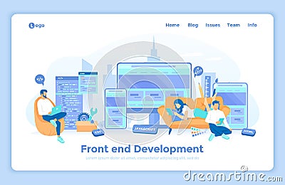 Frontend Development, Creating a site layout, template. The programmer is developing a website UI UX interface on monitor screen, Vector Illustration