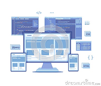 Frontend Development, Creating a site layout, template. Website UI UX interface on a monitor screen, tablet, phone, html css js Vector Illustration