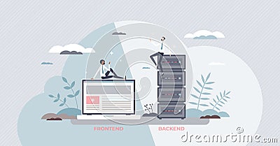 Frontend vs backend programming sides for web project tiny person concept Vector Illustration