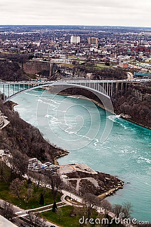 Frontier border rainbow bridge United States and Canada, Niagara Falls. Aerial view Editorial Stock Photo