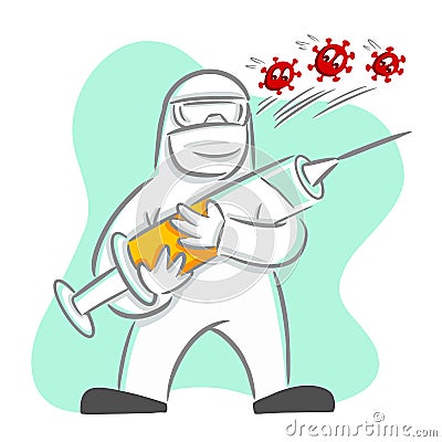 Frontline hero holding syringe with vaccine fight against virus COVID-19 Vector Illustration