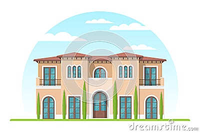 Frontview of mediterranean style suburban private house. Vector Illustration