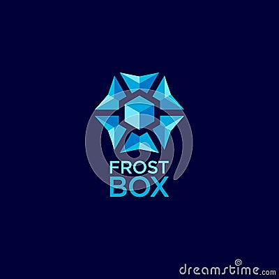 Frost box logo for frozen food. Blue snowflake geometry emblem, isolated on a dark background. Vector Illustration