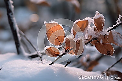 Frost kissed branches don autumns vibrant colors in a snowy woods Stock Photo