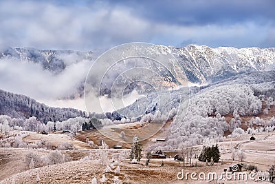 Frost land in the Carpathian Mountain and Transylvania village Stock Photo