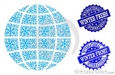 Frost Map of Global World and Winter Fresh and Frost Grunge Stamps Vector Illustration