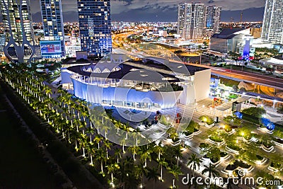 Frost Museum of Science Miami Downtown. Aerial night photo shot with a drone long exposure Editorial Stock Photo