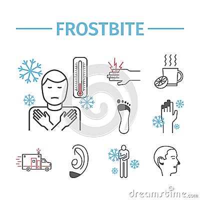 Frostbite. Symptoms, Line icons set. Vector signs for web graphics. Vector Illustration